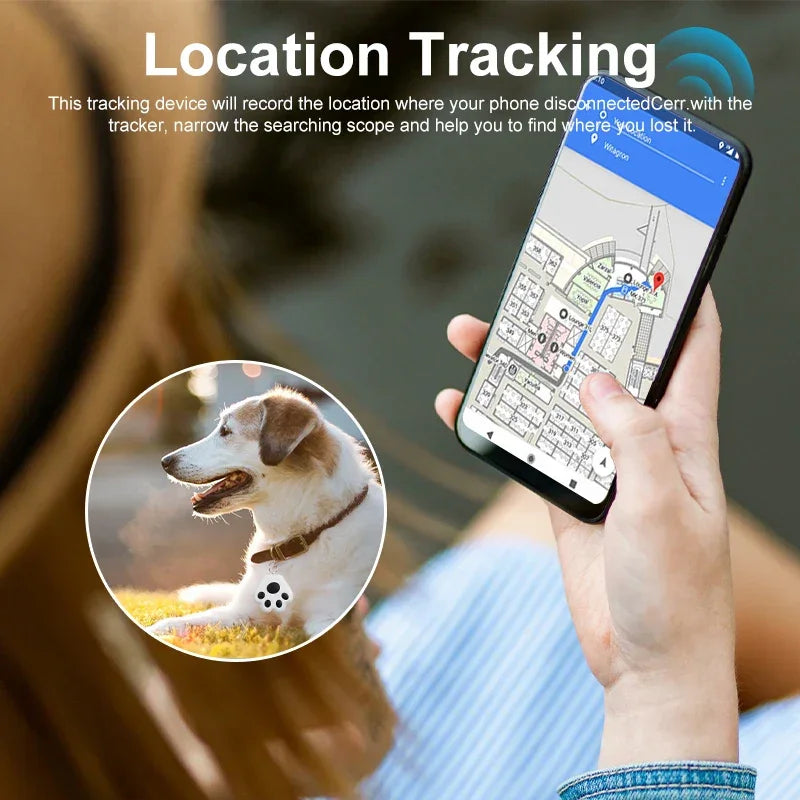 Person using smartphone pet tracker app with map, inset shows dog wearing tracking collar outdoors.