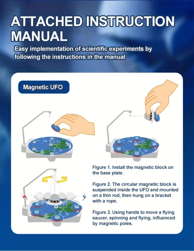 Step-by-step Magnetic UFO science toy instruction manual with illustrations and setup guide