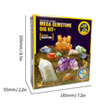 Mega Gemstone Dig Kit box showcasing colorful gemstones with product dimensions listed.