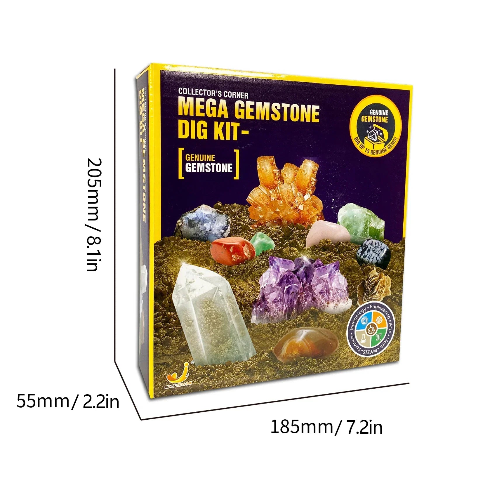 Mega Gemstone Dig Kit box showcasing colorful gemstones with product dimensions listed.