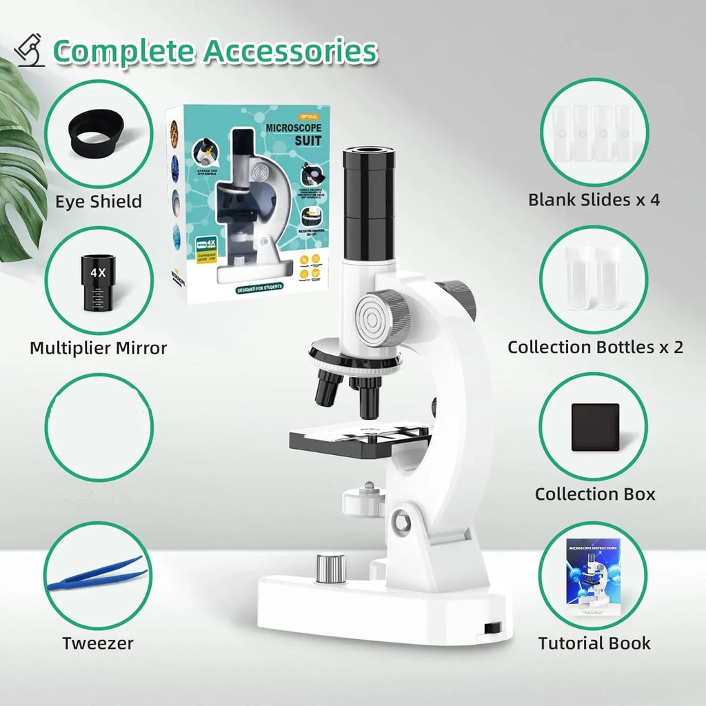 Kids microscope set with eyepiece, slides, tweezers, bottles, collection box, and guidebook.