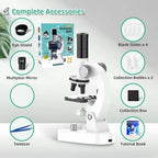 Kids microscope set with eyepiece, slides, tweezers, bottles, collection box, and guidebook.