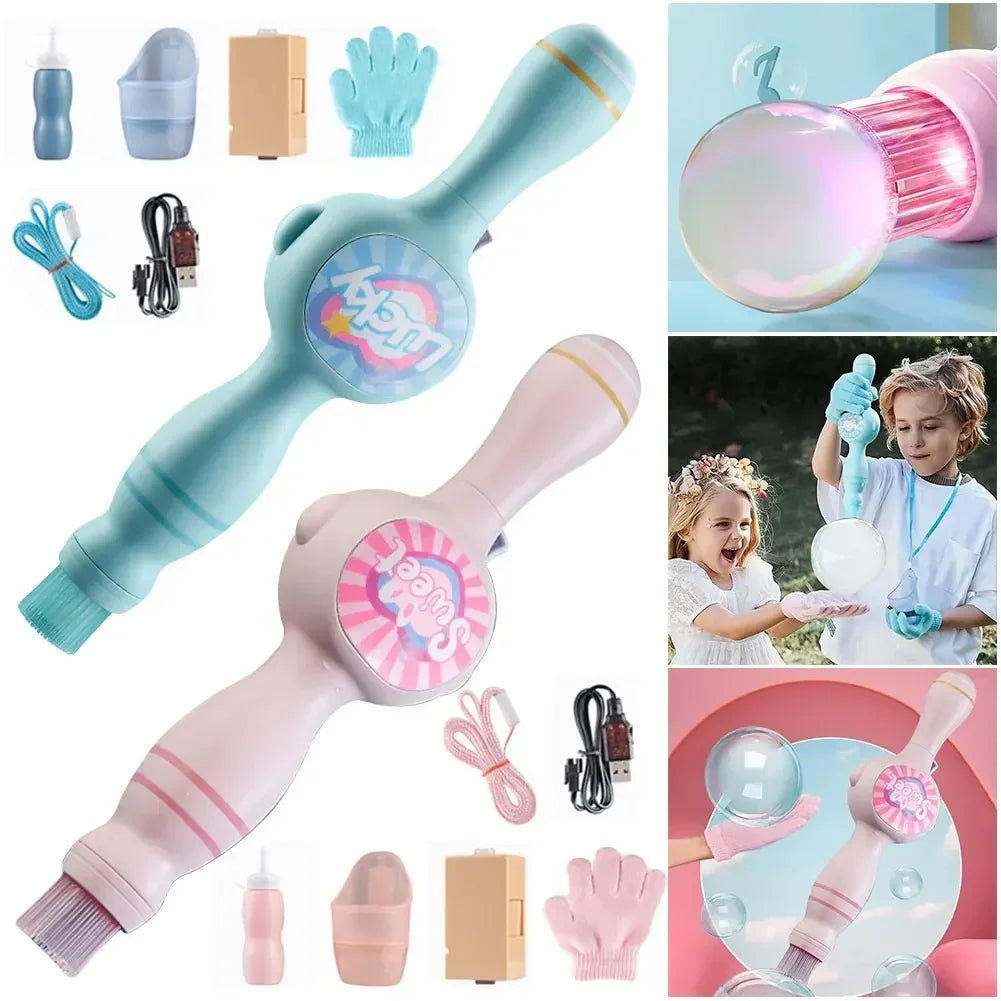 Automatic bubble machine toy set with two wands, gloves, USB cables, and kids playing outside.