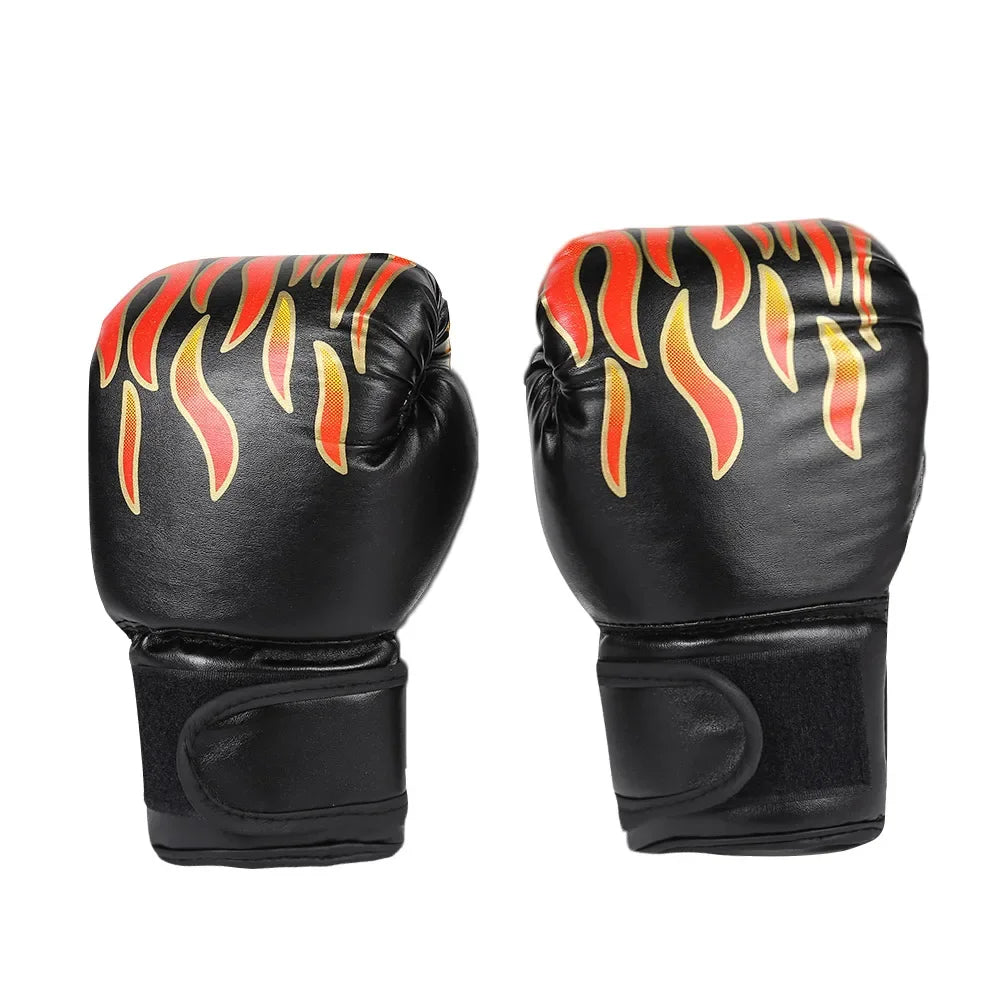 Black boxing gloves with red and yellow flame design, kid sports accessory