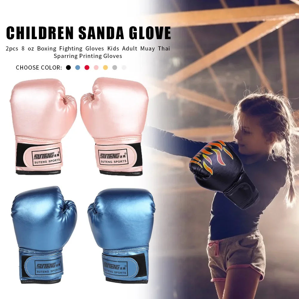 Children's boxing gloves in pink, blue, and flame design, kid practicing boxing indoors