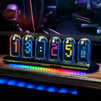 Modern LED digital desk clock with retro tube design and weather display on a gaming setup