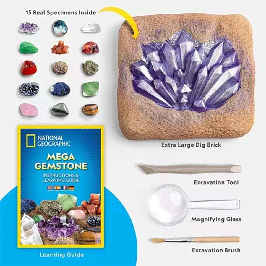 National Geographic Mega Gemstone Dig Kit with 15 real gems, dig brick, excavation tools, brush, magnifying glass, and learning guide for kids.
