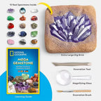 National Geographic Mega Gemstone Dig Kit with 15 real gems, dig brick, excavation tools, brush, magnifying glass, and learning guide for kids.