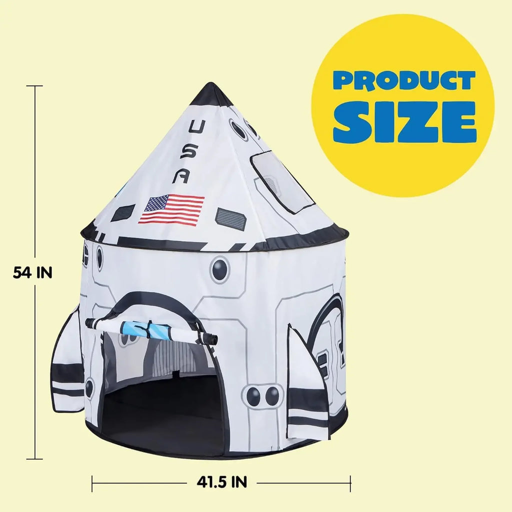 Kids rocket play tent shaped like a spaceship, 54 inches tall, 41.5 inches wide, with USA flag.