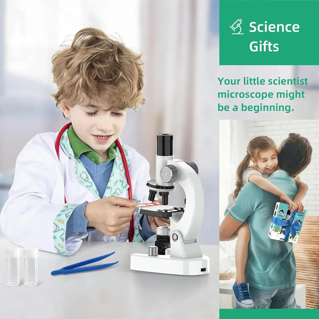 Young child in lab coat using a toy microscope science kit, ideal STEM educational gift for kids.