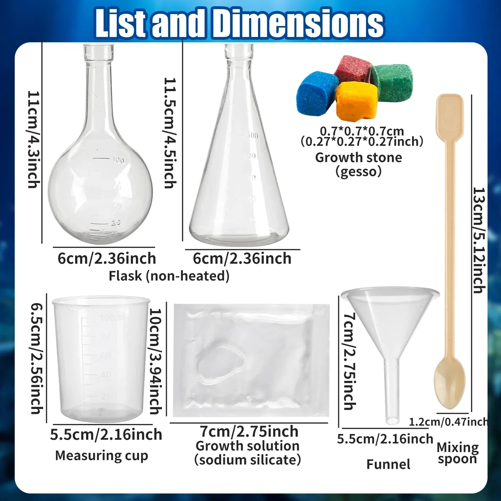 Science kit accessories including flasks, measuring cup, funnel, mixing spoon, growth stones, and growth solution with labeled dimensions.