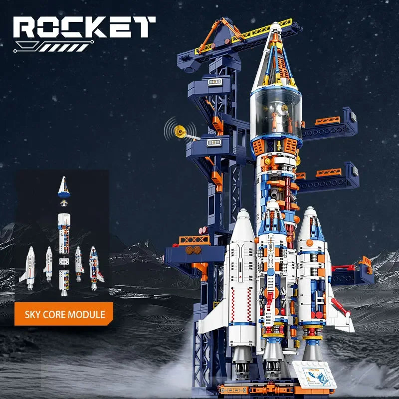 Toy rocket building set with launch pad, detachable modules, space-themed educational kit.
