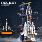 Toy rocket building set with launch pad, detachable modules, space-themed educational kit.