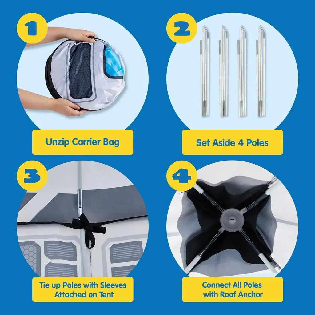 Step-by-step tent assembly guide showing carrier bag, four poles, tying poles, and roof anchor.