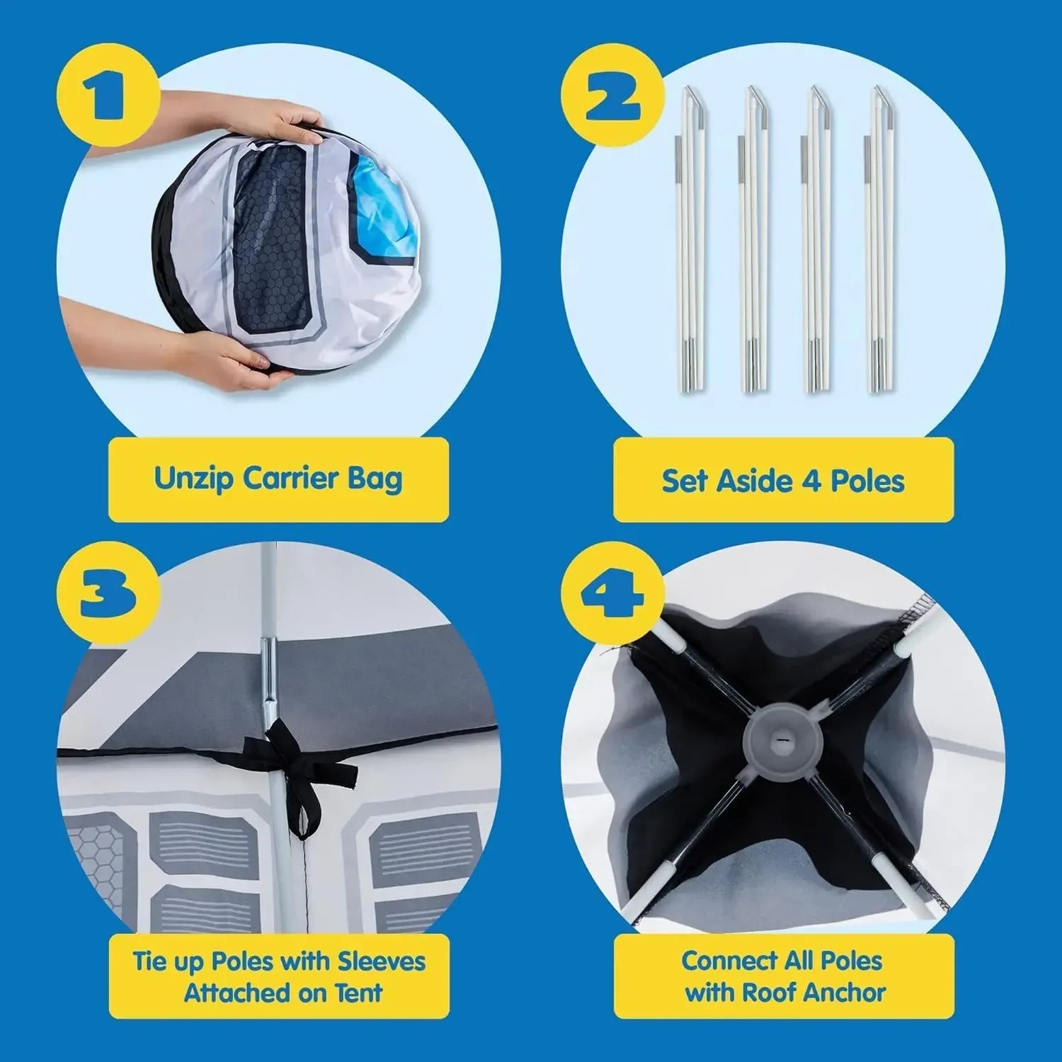 Step-by-step tent assembly guide showing carrier bag, four poles, tying poles, and roof anchor.