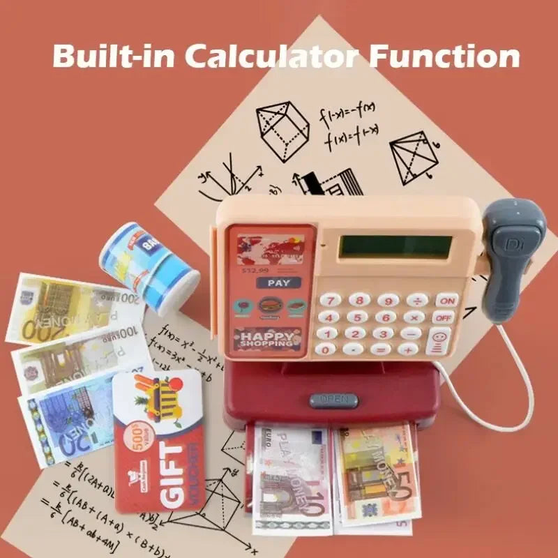 Toy cash register with built-in calculator, play money, gift card, and scanner on a math-themed background.