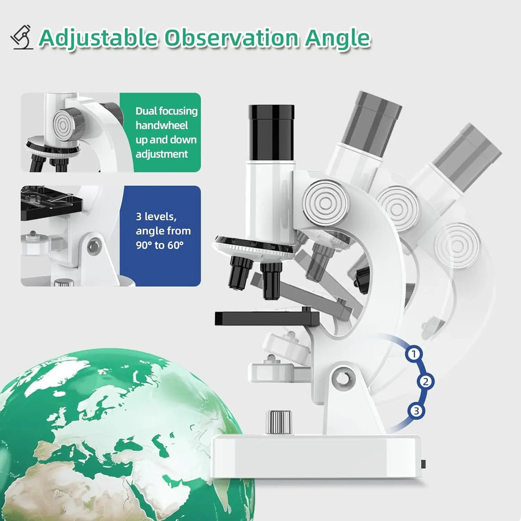 Adjustable kids microscope with dual focusing handwheel and three viewing angles, educational toy