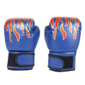 Blue kids boxing gloves with red and yellow flame design and adjustable wrist straps