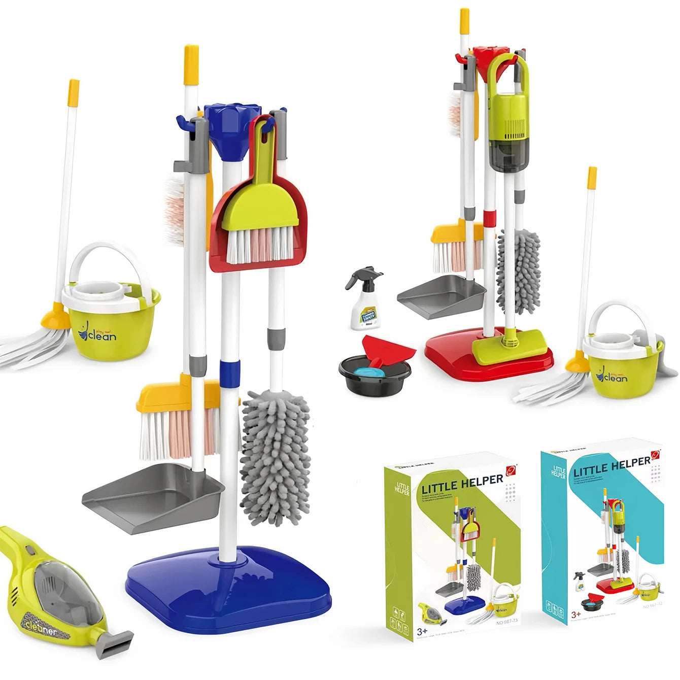 Colorful kids' cleaning toy set with mop, broom, dustpan, vacuum, and Little Helper boxes.