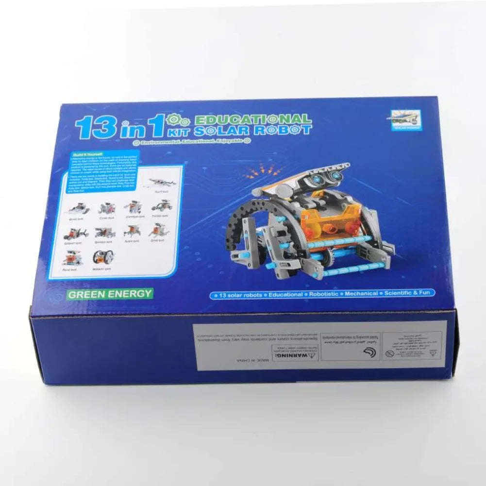 13-in-1 educational solar robot kit box featuring buildable robotic toy, STEM learning