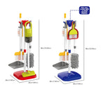 Kids cleaning toy set with mop, broom, dustpan, brush, and small vacuum, 58cm tall.
