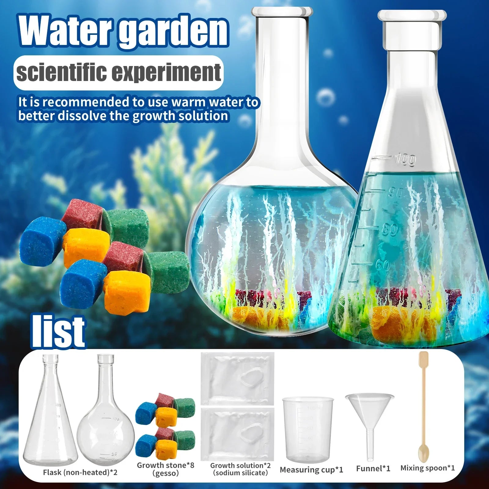 Water garden scientific experiment kit with colorful growth stones, flasks, and lab tools for kids.