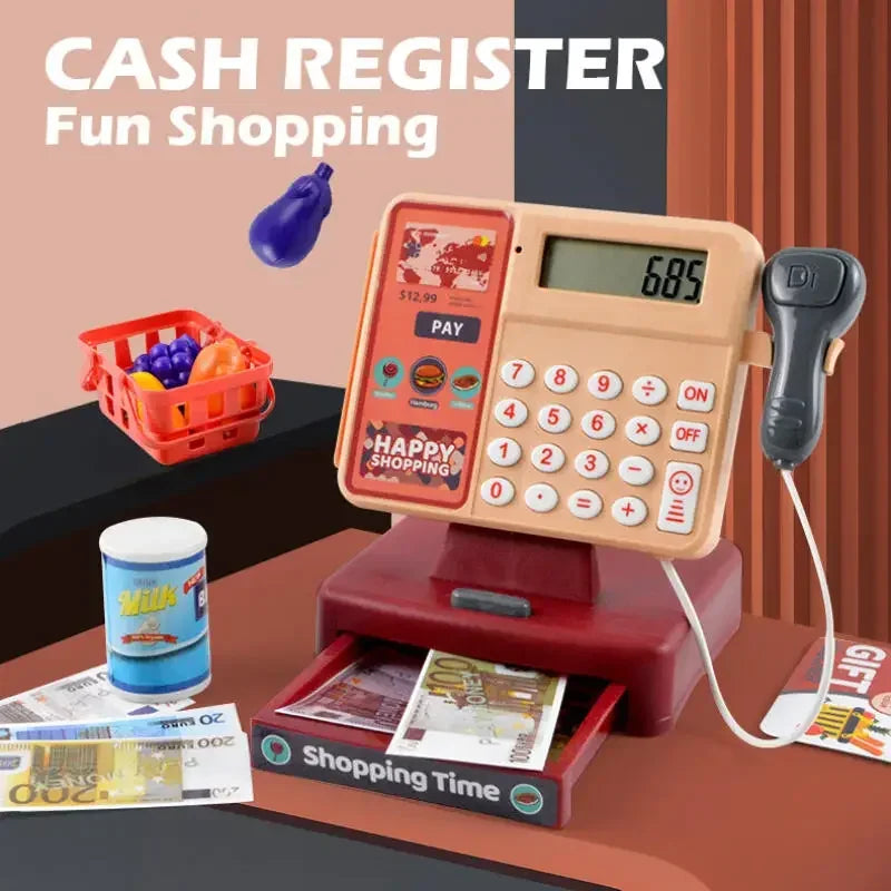 Toy cash register set with shopping basket, play food, scanner, and play money for kids.