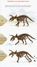Adjustable dinosaur skeleton toy model showing rotatable limbs for walking, drinking, and running poses.