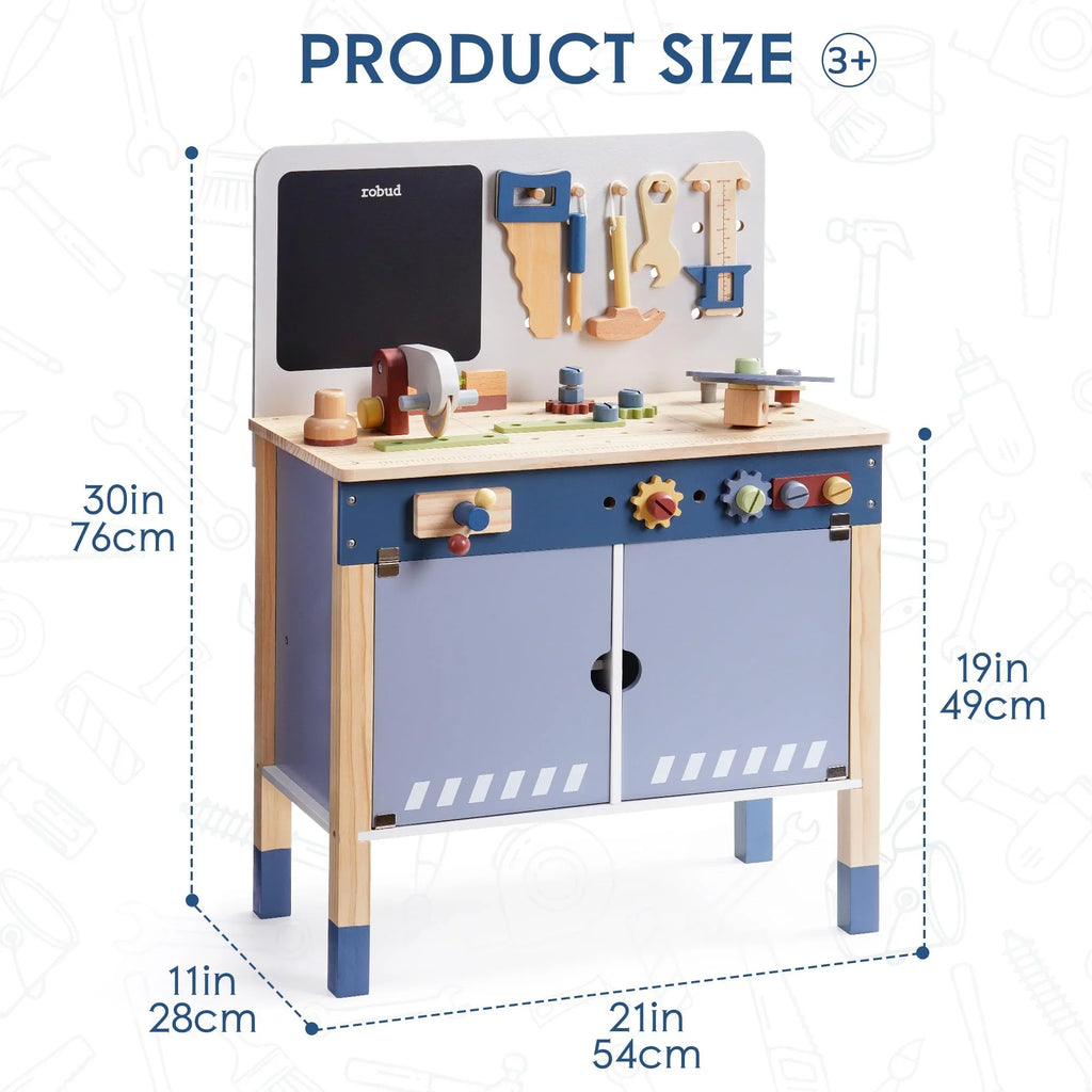 Wooden toy workbench for kids with tools, blue storage cabinet, and labeled dimensions