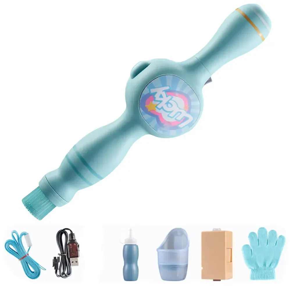 Electric blue cleaning brush toy kit with accessories, USB cable, bottle, gloves, tech gadget