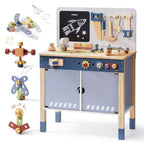 Wooden kids workbench toy set with tools, gears, and chalkboard, educational play furniture
