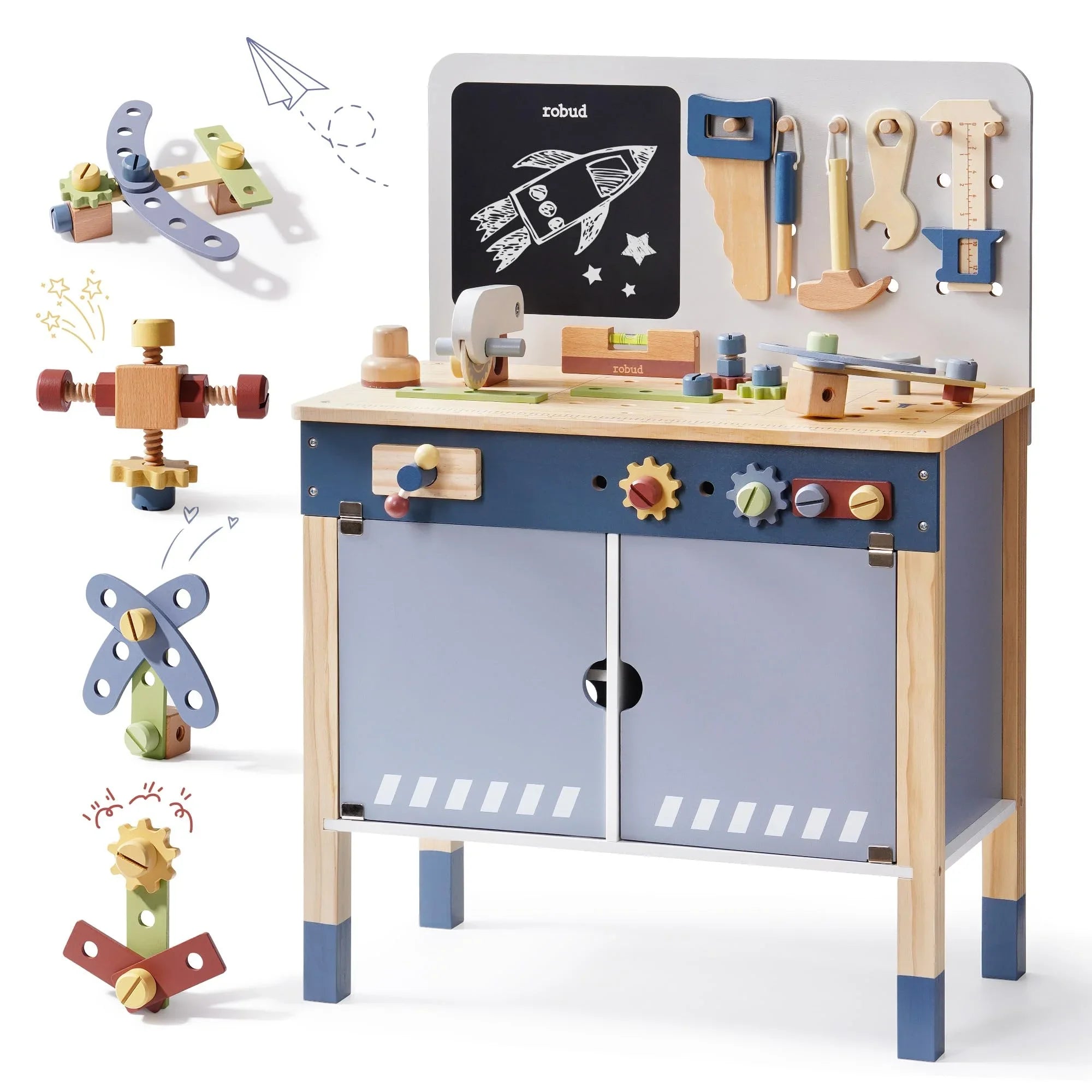 Wooden kids workbench toy set with tools, gears, and chalkboard, educational play furniture