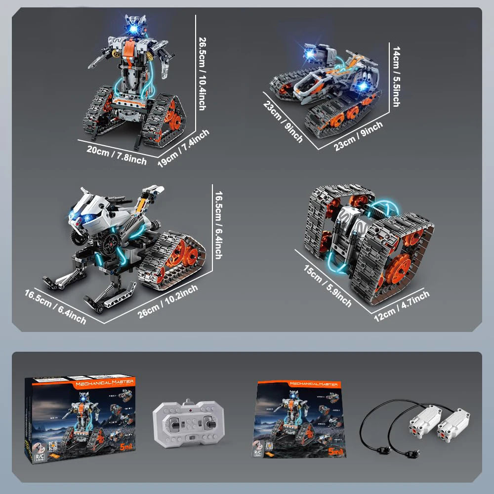 5-in-1 remote control robot building kit with tracked vehicles, animal robot, box, controller, and motors, shown with measurements.