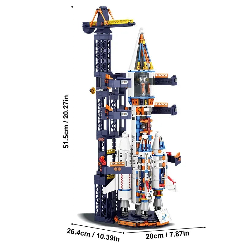 Building block rocket toy with launch pad, detailed structure, and dimensions for kids.