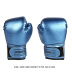 Pair of blue kids boxing gloves with Velcro straps, shown against white background.