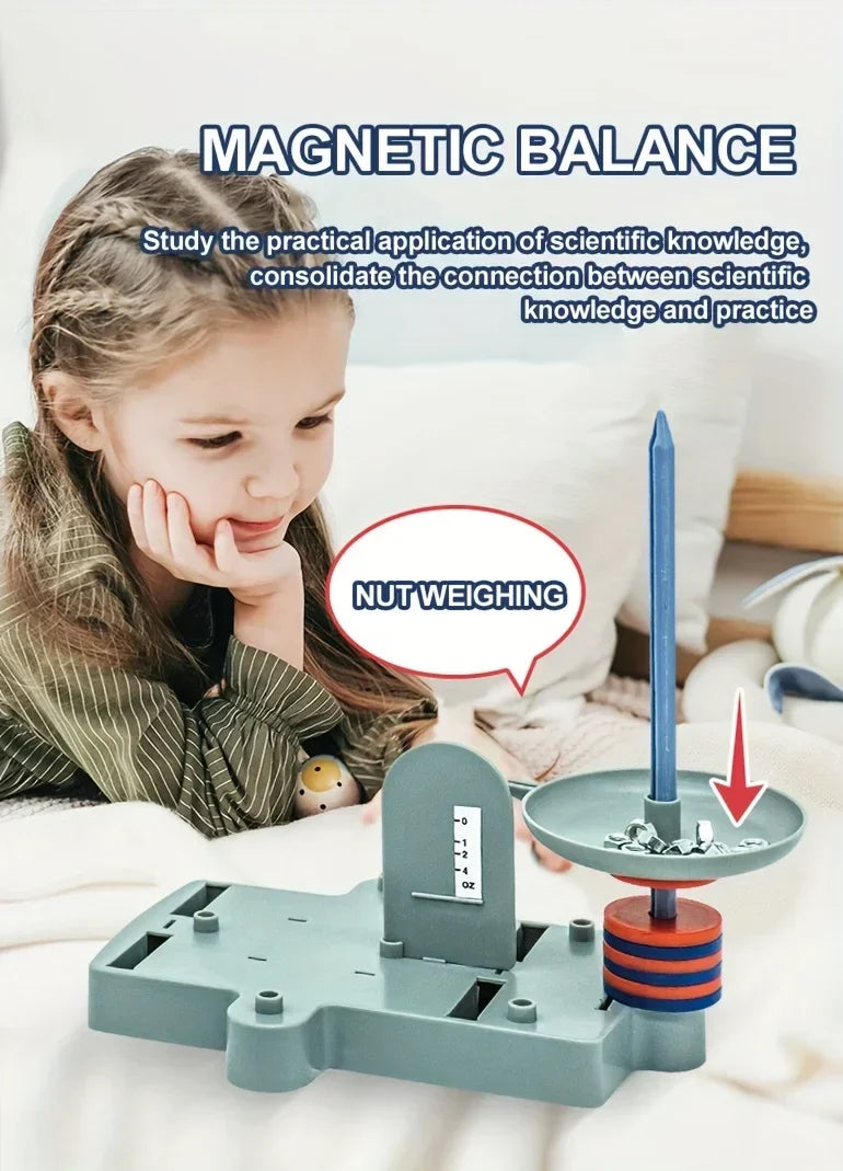 Child using magnetic balance educational toy for nut weighing, Rekotech innovative STEM toy