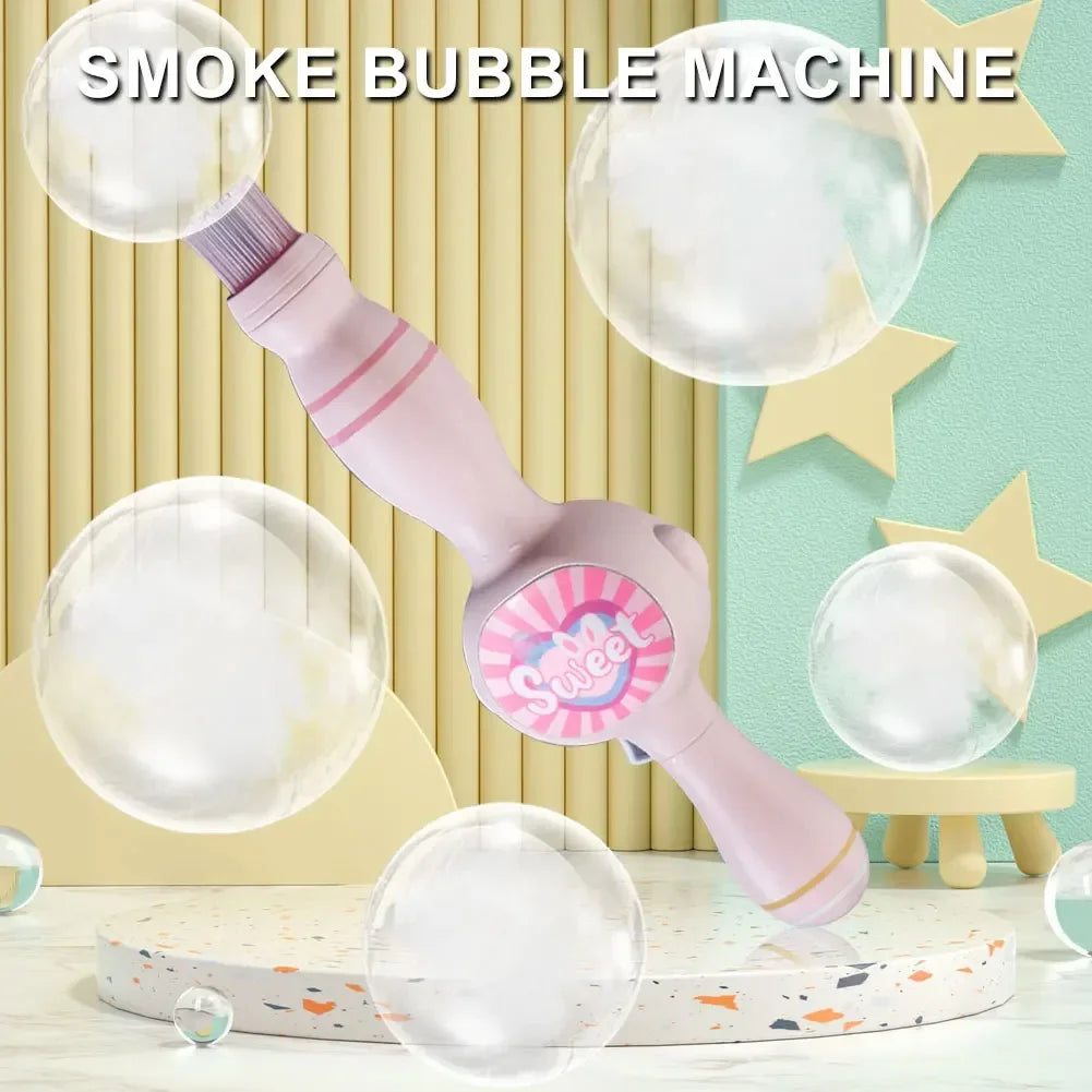 Pink handheld smoke bubble machine toy on pastel stage with floating bubbles and star shapes