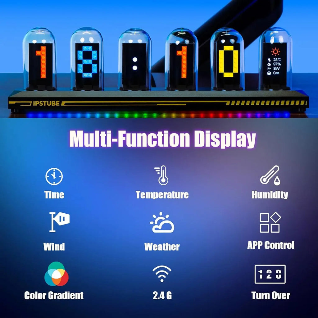 Electronic nixie tube clock with multi-function display showing time, temperature, humidity, and LED color gradient.
