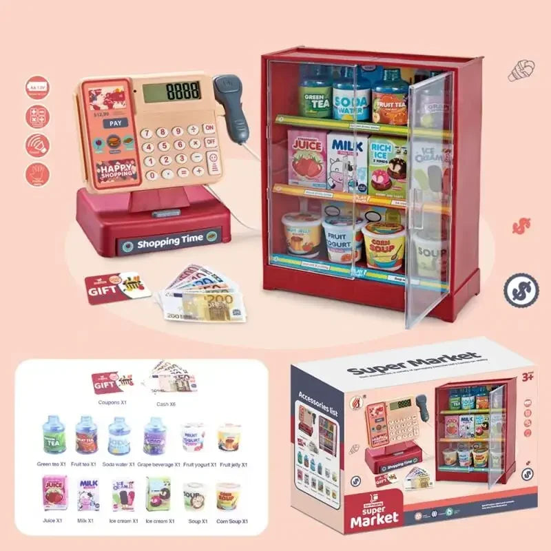 Toy supermarket playset with cash register, pretend groceries, and mini fridge for kids