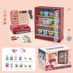 Toy supermarket playset with cash register, pretend groceries, and mini fridge for kids