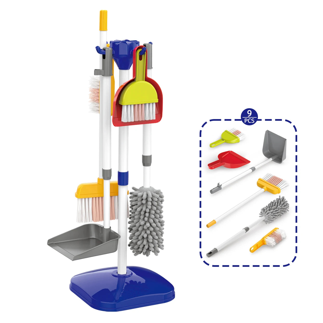 Colorful 9-piece kids cleaning toy set with broom, mop, brush, dustpan, and stand.