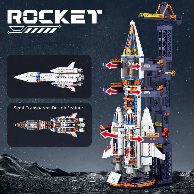 STEM rocket building toy set with semi-transparent parts and detailed launch tower, educational space toy