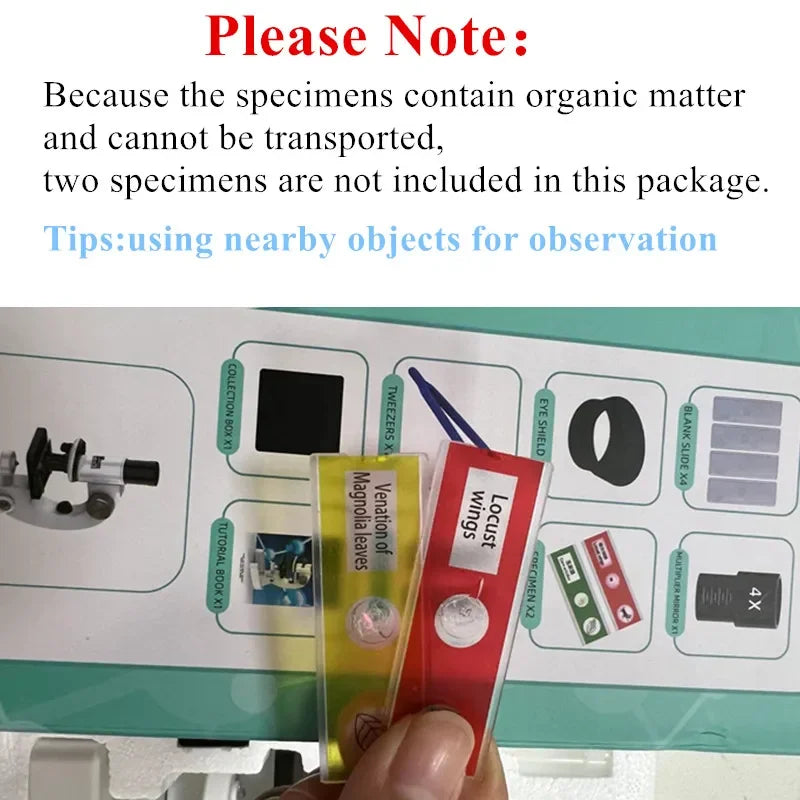Hand holding prepared microscope slides labeled 'Venation of Magnolia leaves' and 'Locust Wings' with kit contents and usage note in background.