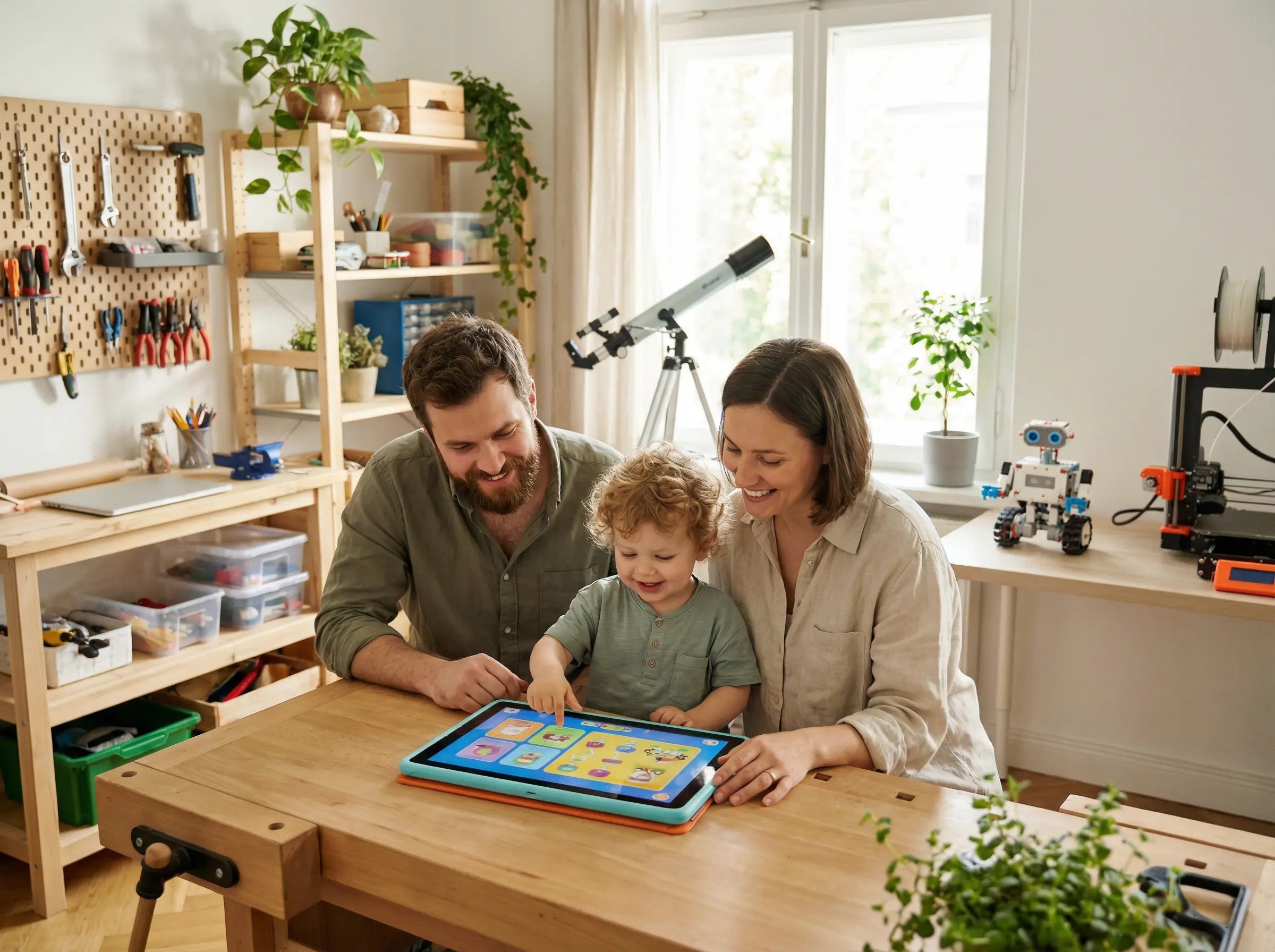 Family using educational tablet in tech-filled home workshop with STEM toys and gadgets