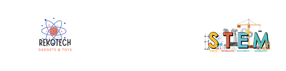 Rekotech gadgets and toys logo with atom graphic left, colorful STEM science technology engineering mathematics illustration right