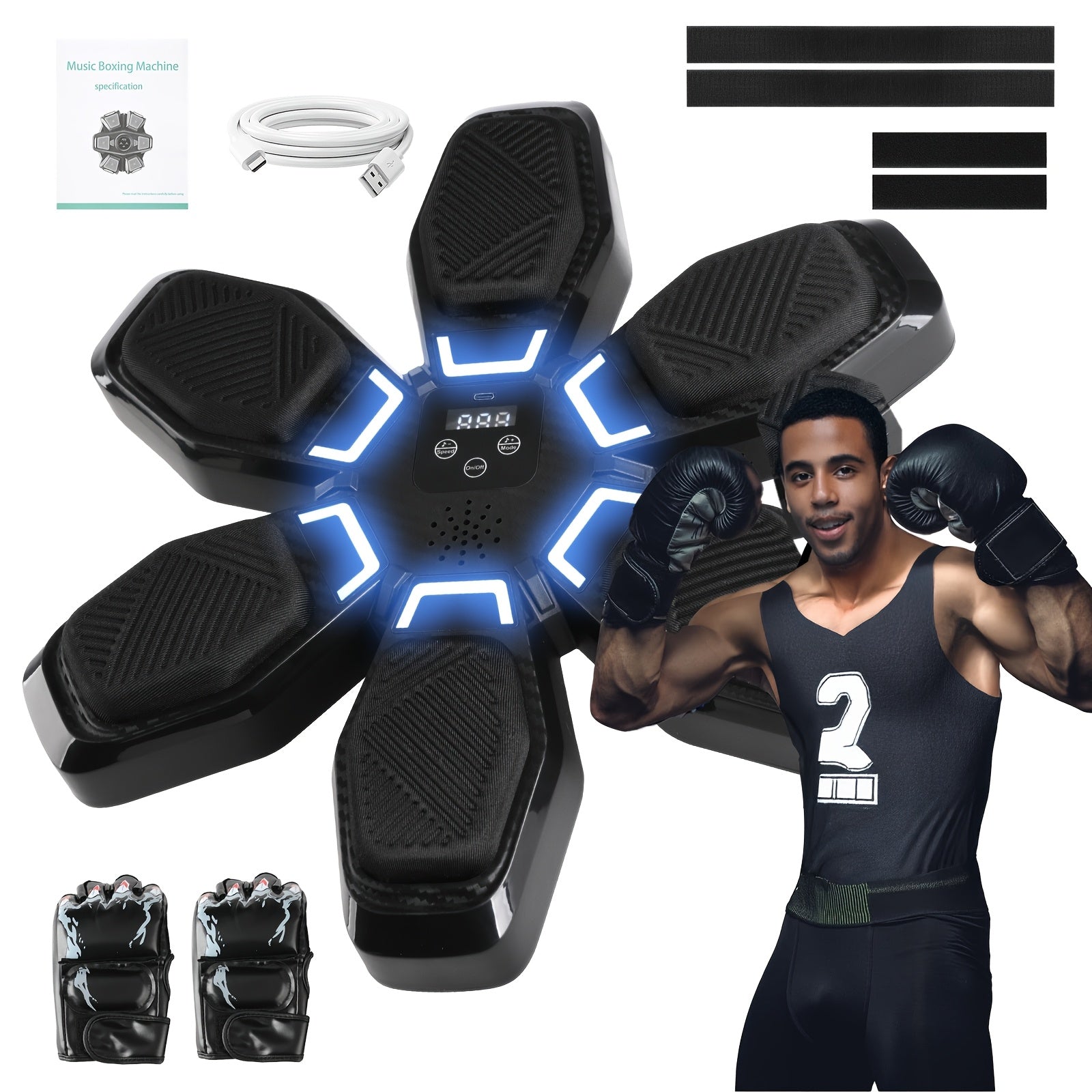 Electronic boxing training pad with LED lights, gloves, accessories, and athlete posing.
