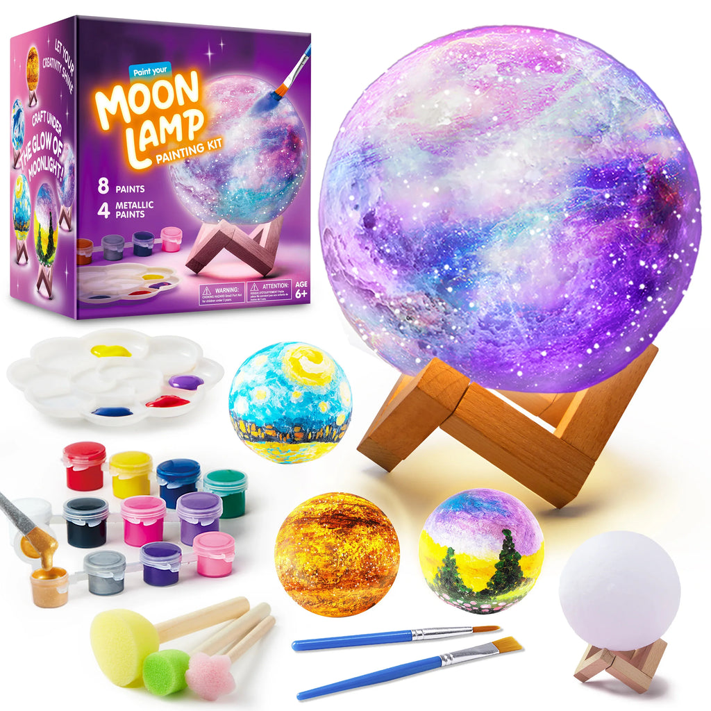 Moon lamp painting kit with paints, brushes, palette, and painted moon models for kids.