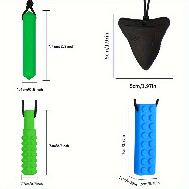 Assorted silicone chew necklaces in green, black, and blue with dimensions, sensory toy.