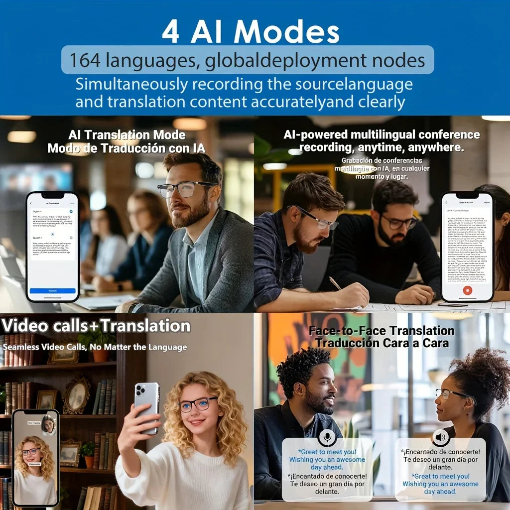 AI translation and multilingual communication glasses for video calls, meetings, face-to-face, supporting 164 languages.