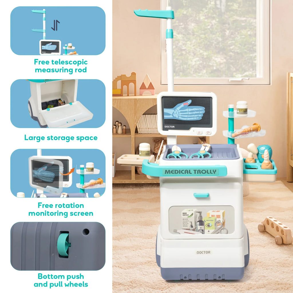 STEM doctor playset for kids with telescopic rod, medical tools, storage, and rotating screen